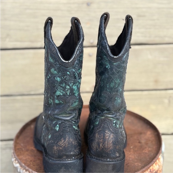 Upcycled Distressed Leather Cowboy Boots Black With Teal – Rustic Western Vibes - Picture 3 of 9